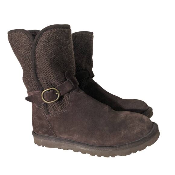 UGG Dark Chocolate Brown Nyla Wool Knit Suede Buckle Winter Shearling Boots Sz 6 - Picture 1 of 8